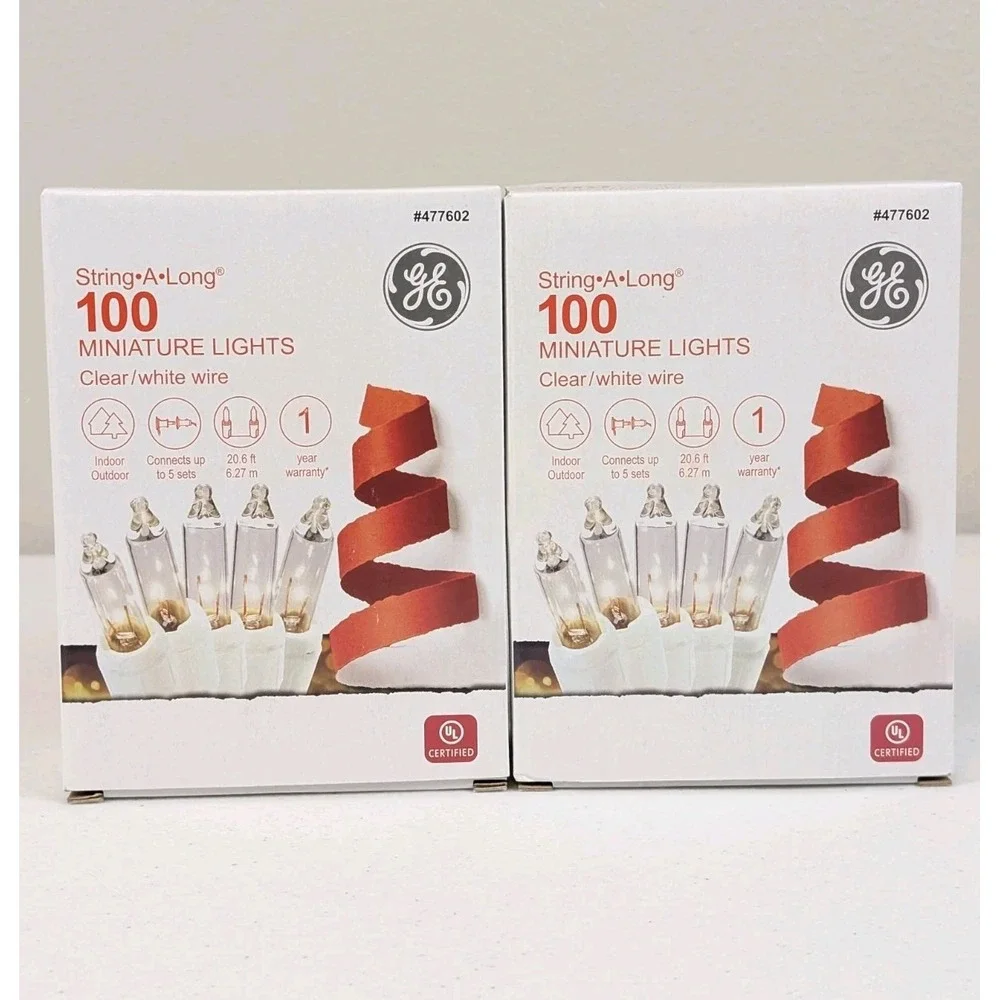 2X GE String A Long 100 Count Clear Mini Light Set White Wire Indoor/Outdoor NIB